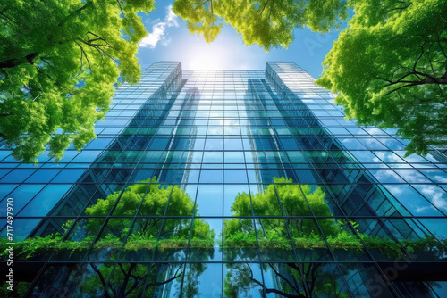 Eco-friendly building in modern city. Sustainable glass office building with trees for reducing carbon dioxide. Office building with green environment. Corporate building reduce CO2