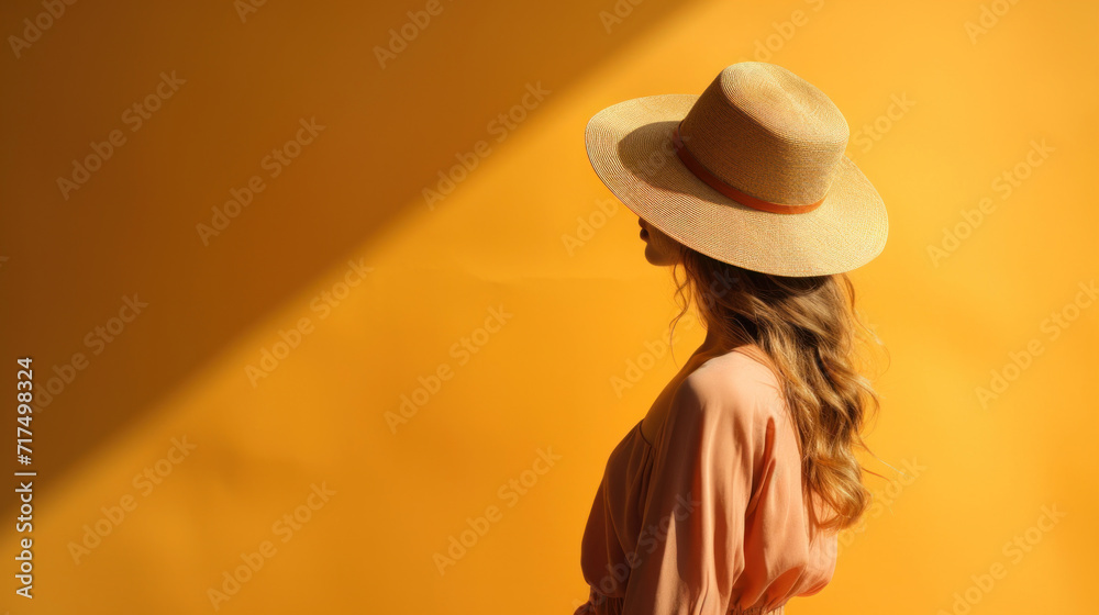 Back view of a woman wearing a straw hat against a vibrant yellow background with striking shadows.