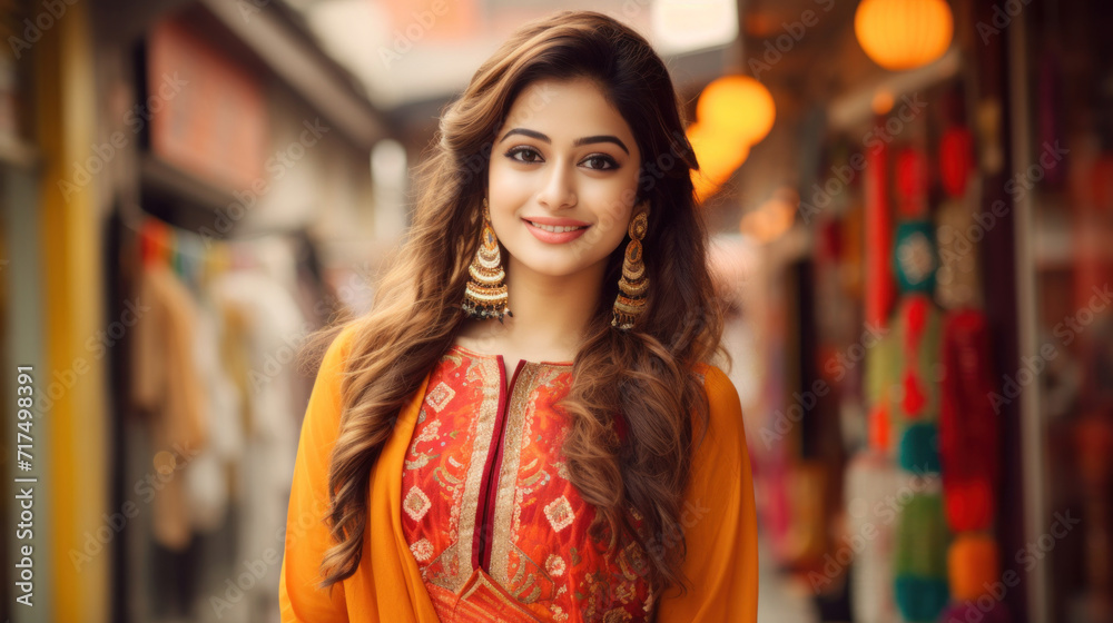 Portrait of a beautiful Indian woman smiling in traditional attire, exuding elegance and cultural pride.