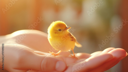 A small, delicate yellow bird perched trustingly on a person's hand in a warm, sunlit environment. photo