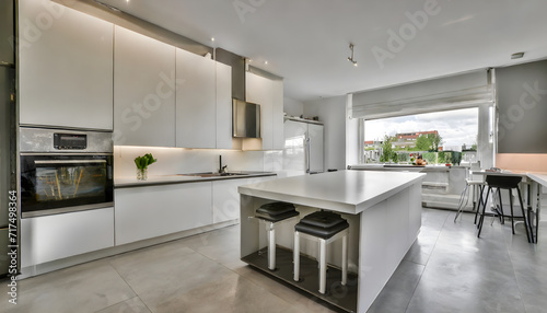 Amazing new contemporary with large white Kitchen with kitchen. Generative AI.