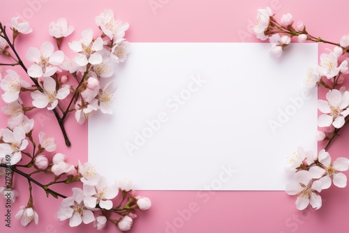 Photo of blank white paper with flower on pink background, copy space, high quality, high resolution, 8k with generative ai