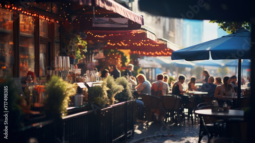 Inviting street café terrace bathed in warm evening light, offering a relaxed dining atmosphere.