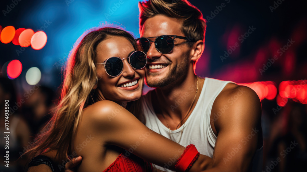 Young happy couple with sunglasses having fun at a night party with vibrant lights. Young happy couple with sunglasses having fun at a night party with vibrant lights.
