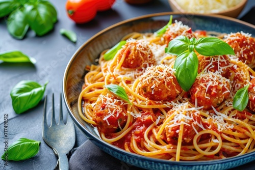 Meat free vegan spaghetti with tomato sauce cheese and basil
