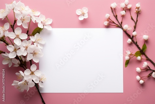 Photo of blank white paper with flower on pink background  copy space  high quality  high resolution  8k with generative ai