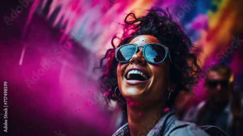 Joyful woman with sunglasses celebrating at a Holi festival with vibrant color splashes.