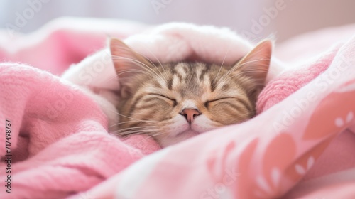 A cute little fluffy cat is lying on a soft pillow or blanket. The cat is sleeping sweetly. The concept of comfort, warmth.