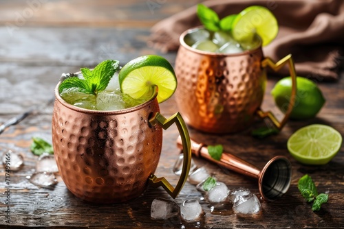 Copper mugs hold Moscow mule with lime ice ginger beer vodka mint on a wooden backdrop