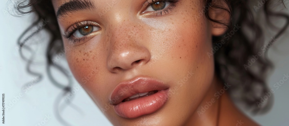 A stunning model with flawless skin and alluring lips, captured in a closeup portrait. A stunning model with flawless skin and alluring lips, captured in a closeup portrait.