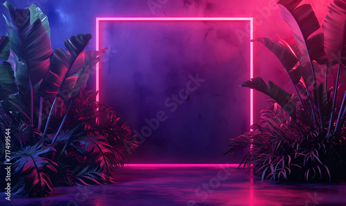 Neon sign square frame and plants,Generative AI photo
