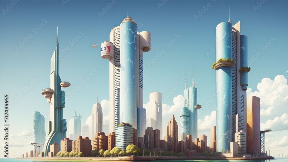 Fototapeta premium Futuristic cityscape with skyscrapers and business buildings. Reflects technological progress and outstanding city architecture