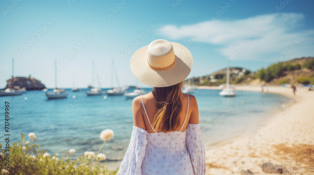 Back view of a woman in a sunhat enjoying the scenic view of a calm sea and anchored boats on a sunny day.