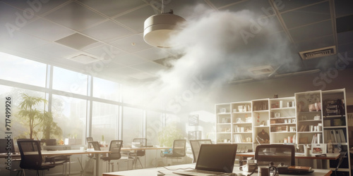A hazardous situation in an office as dense smoke pours from an overhead light fixture.