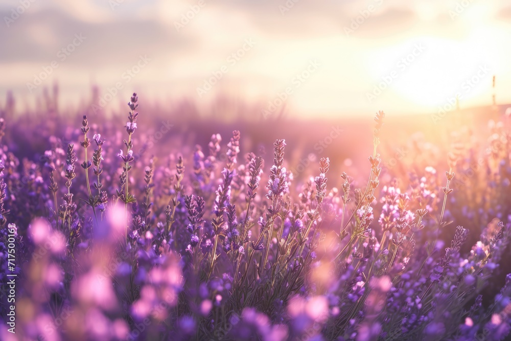 Fototapeta premium Ultra realistic photo of Lavender Field at summer sunrise.