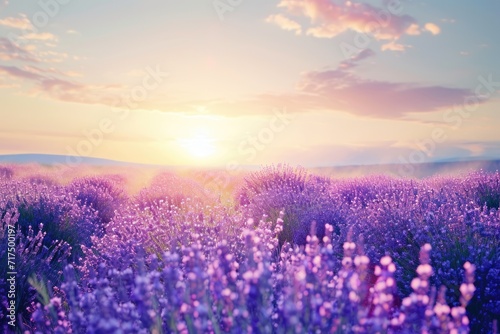 Ultra realistic photo of Lavender Field at summer sunrise. © akimtan