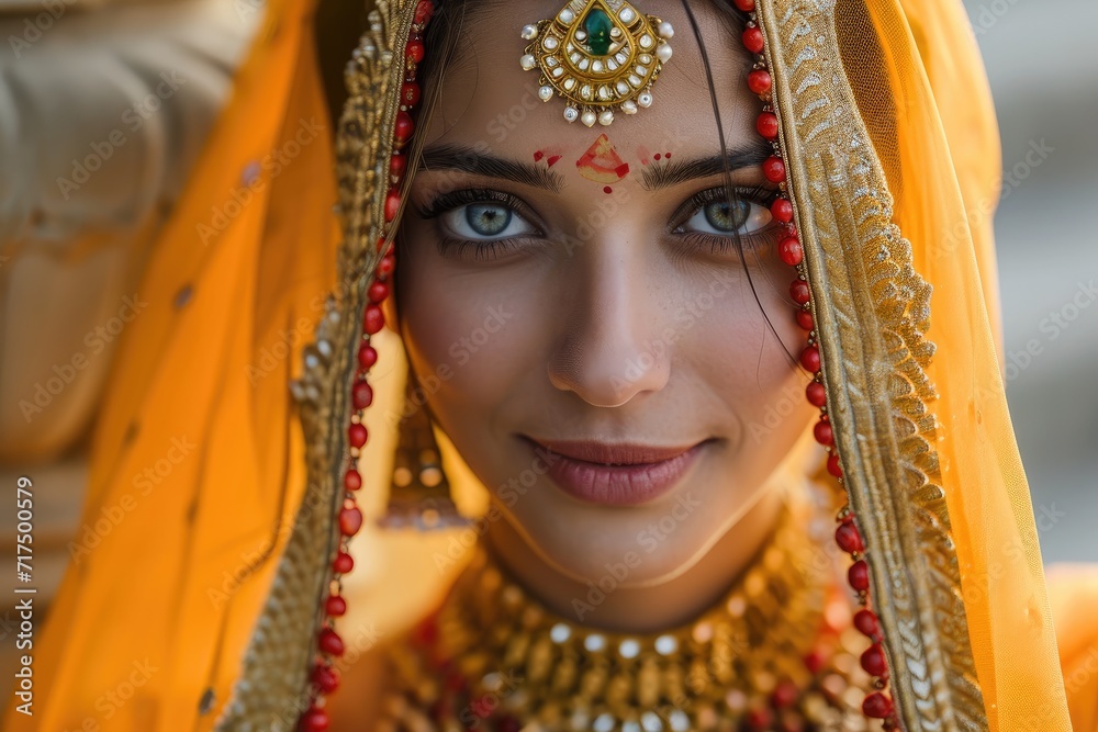 Gorgeous Indian lady in customary attire and adornments