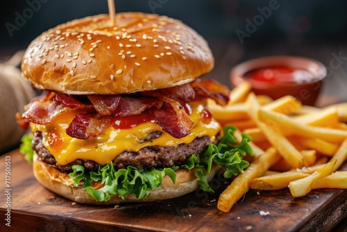 Tasty burger with bacon melted cheese fries and sauce