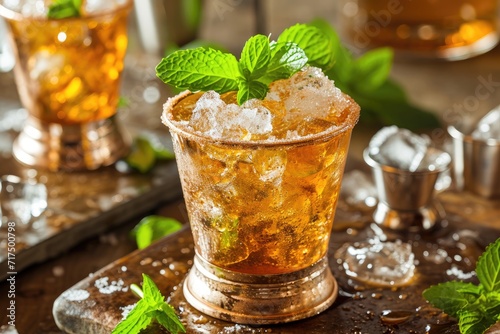 Alcoholic cool Bourbon Mint Julep with sweetened ice
