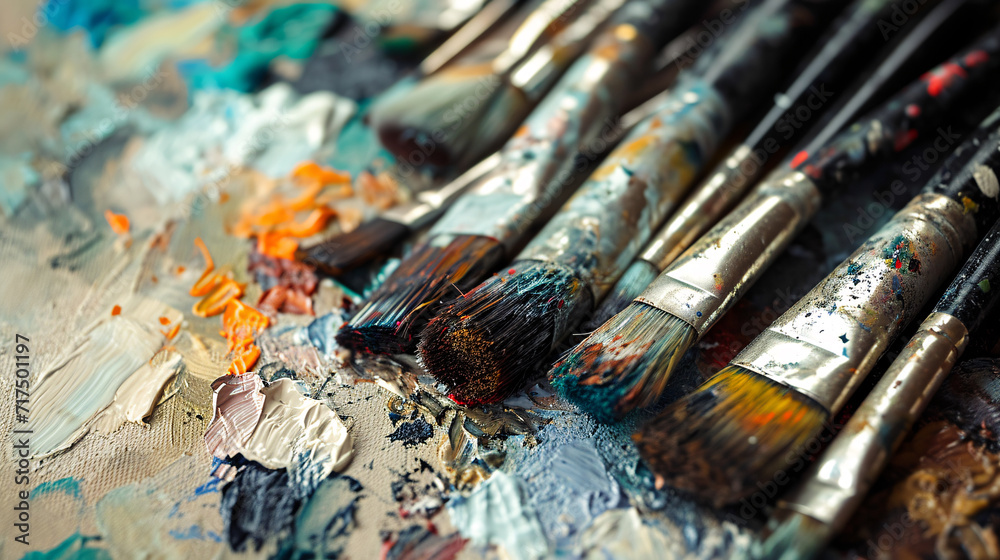 The diverse collection of art brushes. From vibrant paint strokes to fine details, showcasing the tools and techniques of painting, illustrating the artistic process visual feast of textures &color The diverse collection of art brushes. From vibrant paint strokes to fine details, showcasing the tools and techniques of painting, illustrating the artistic process visual feast of textures &color