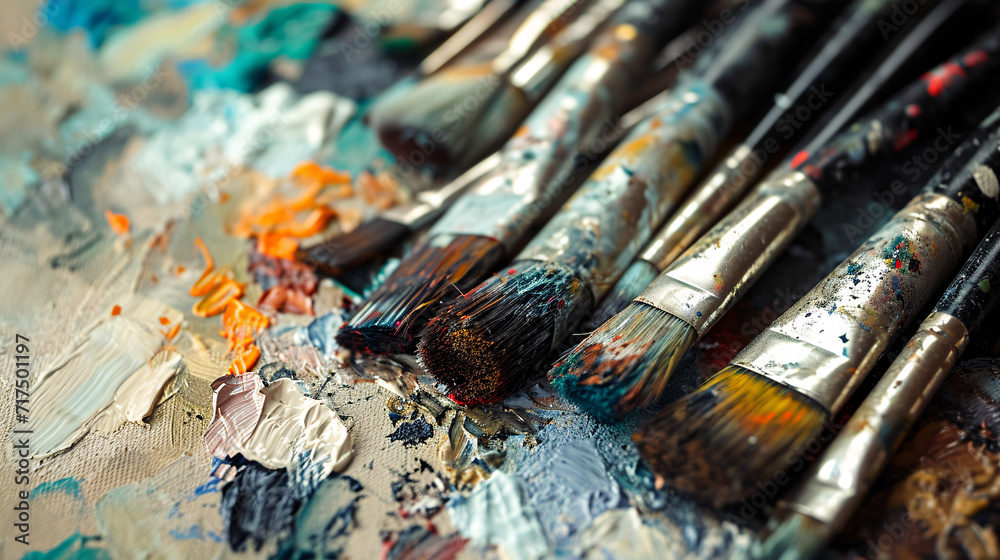 The diverse collection of art brushes. From vibrant paint strokes to fine details, showcasing the tools and techniques of painting, illustrating the artistic process visual feast of textures &color