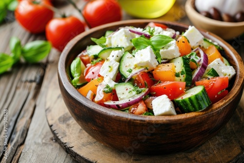 Feta cheese on a wooden table with vegetable salad