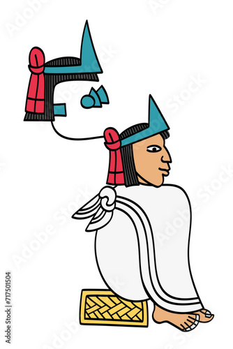 Moctezuma II, ninth Emperor of Aztec Empire, as depicted in Codex Mendoza, with name glyph or royal seal, composed of a turquoise crown on straight hair with attached earspool and separate nosepiece. photo