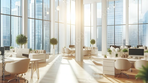 Beautiful Spacious Modern Open Concept Office with Panoramic City View Windows, Soft Natural Lighting, and Minimalist Blurred Background, Aesthetic Interior Design 