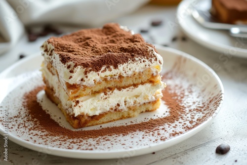 Italian dessert consisting of coffee soaked ladyfingers and mascarpone cream sprinkled with cocoa on a white plate