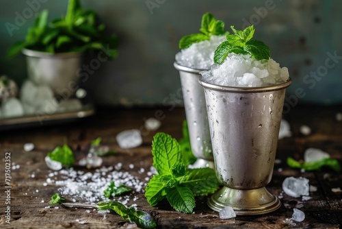 Two silver cups filled with crushed ice fresh mint rustic setting with empty space