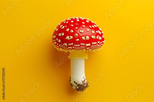 Top view, Amanita Muscaria mushroom isolated on yellow background. Fly agaric