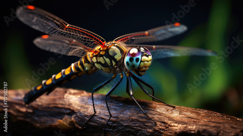 Extreme macro close-up side view photograph of a dragonfly on a pond © basketman23