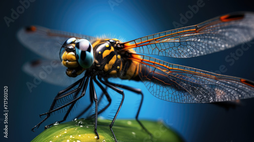 Extreme macro close-up side view photograph of a dragonfly on a pond