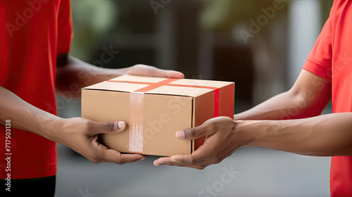Delivery courier service. Delivery man in red uniform holding a cardboard box delivering to door of customer home. A man postal delivery man delivering package. Home delivery concept © Nice Seven