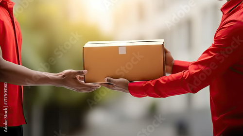 Delivery courier service. Delivery man in red uniform holding a cardboard box delivering to door of customer home. A man postal delivery man delivering package. Home delivery concept