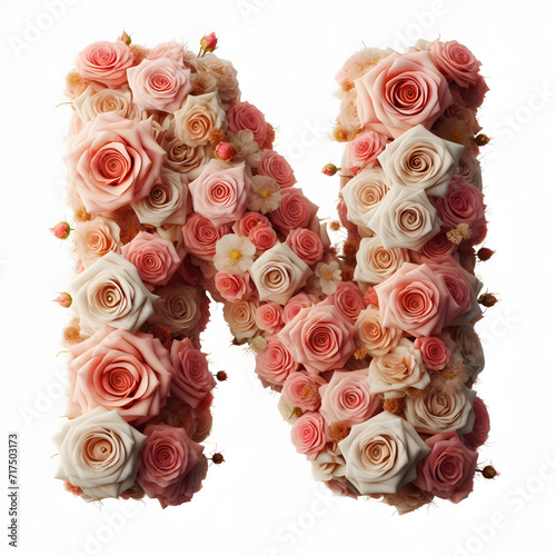 The letter N is made out of rose flowers  the Rose Alphabet  and Valentine Designs  on a White background  isolated on white  photorealistic 