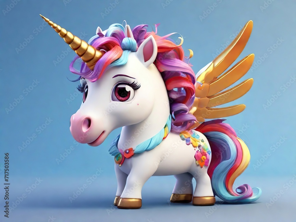 Adorable little white unicorn mascot with golden horn, golden wings, colorful mane and big eyes, 3D