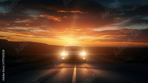 The headlights of a lone car making its way through a deserted road during sunset their beams creating a striking effect against the darkening sky.