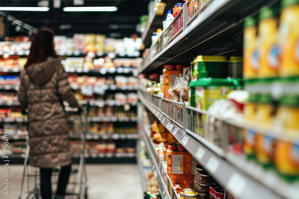 Woman shopping in supermarket. Supermarket aisle with variety of food products.