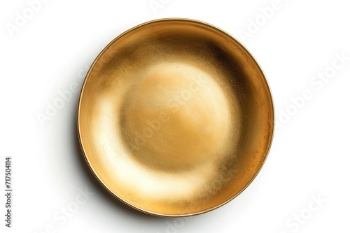 Gold plate with clipping path isolated on white background Empty round plate for food poster design