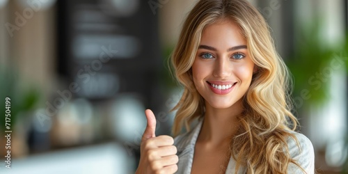 Elegant and Confident: An Attractive Blonde Female in Business Attire, Expressing Positivity with a Thumbs Up Gesture, Generative AI
