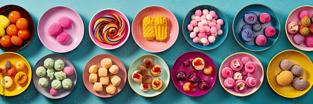 Top view of colourful sweets, gummies and candies assortment on blue turquoise background. Variety of multicolor sweet food banner. Generative AI. Top view of colourful sweets, gummies and candies assortment on blue turquoise background. Variety of multicolor sweet food banner. Generative AI.