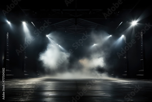  empty stage of black lights on the stage,Empty stage with monochromatic colors and lighting design, Artistic performances stage light background with spotlight illuminated the stage for contemporary