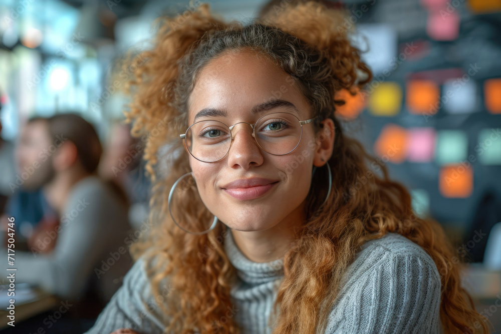 Portrait of a smiling young woman with curly hair in a cafe Portrait of a smiling young woman with curly hair in a cafe