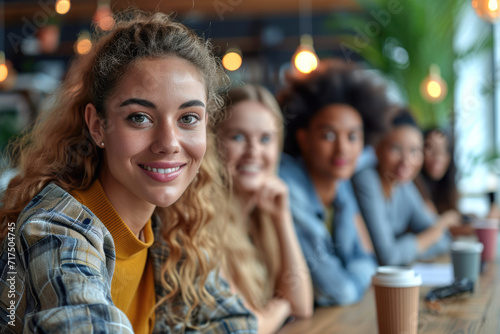Portrait of smiling young businesswoman with colleagues in background at cafe