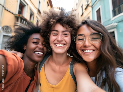 Multiracial best friends taking selfie walking on city street - Happy young people having fun enjoying day out - Diverse teens laughing at camera on summer vacation - Friendship and tourism concept photo