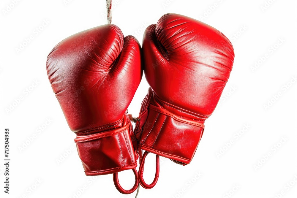 White background with hanging red boxing gloves