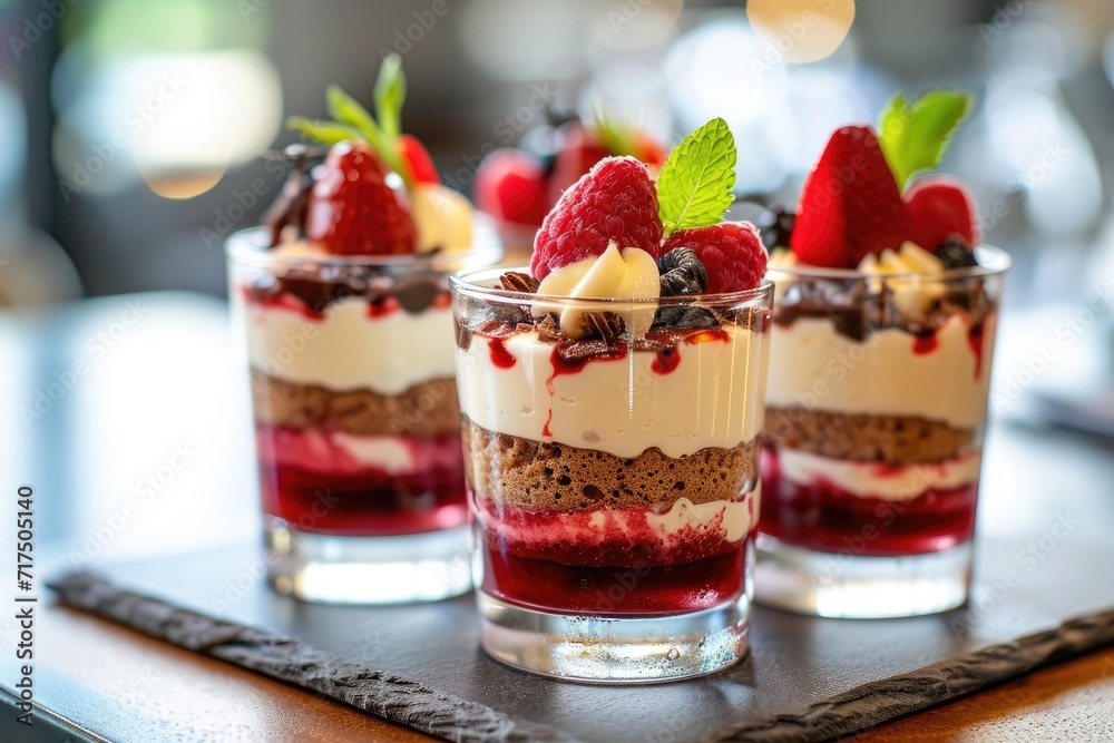 Sweet berry food red velvet tiramisu and cheesecake in a glass on the table Sweet berry food red velvet tiramisu and cheesecake in a glass on the table
