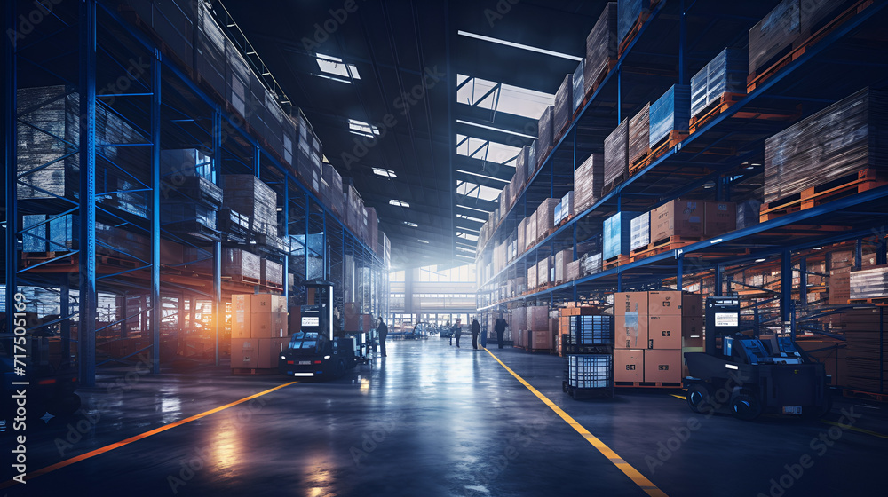 Retail warehouse full of shelves with goods in cartons, with pallets and forklifts,  A large warehouse with numerous items, Futuristic digital warehouse using augmented reality, Generative Ai