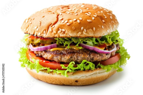 Isolated pork burger with mustard sauce hamburger on white background